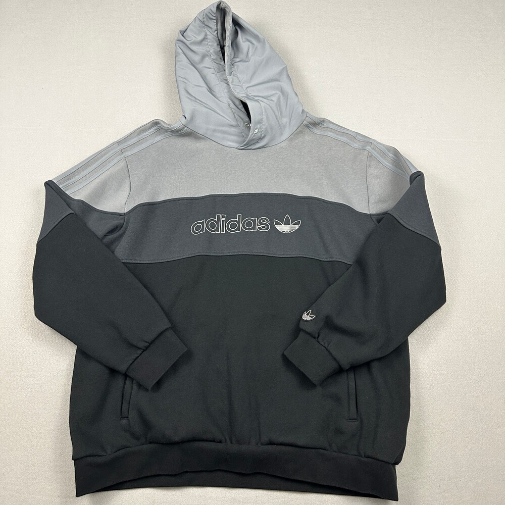 Adidas Hoodie Men 2XL Black Gray Colorblock Pullover Fleece Sweatshirt XXL